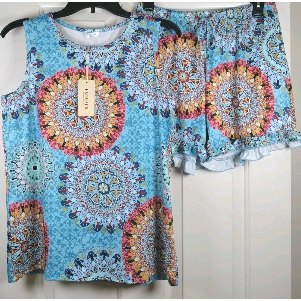 NWT Ekouaer Pajama Set Medium Womens Boho Mandala Ruffle Shorts Tank Loungewear
